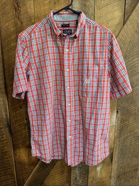 CHAPS Ralph Lauren easy care button down short sleeve shirt red plaid G02